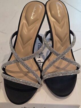 Charles David Black Satin Heels with Rhinestone Cross Straps 9.5